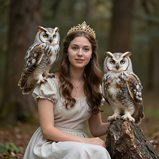 Photograph of a young woman with long brown hair, wearing a white dress and gold tiara, sitting between two owls perched on tree st