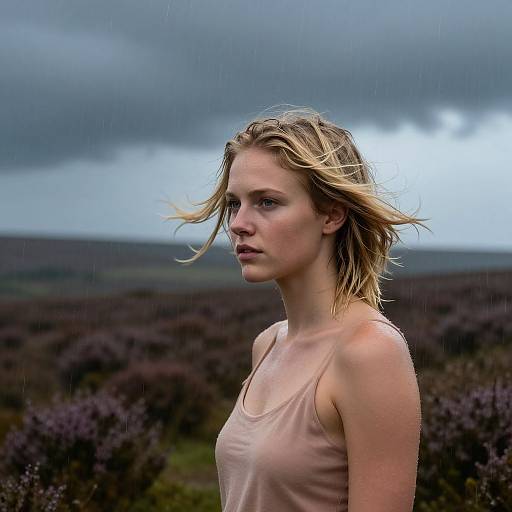Photograph of a blonde woman with wind-swept hair, wearing a pink tank top, standing in a rainy, moorland landscape with dark