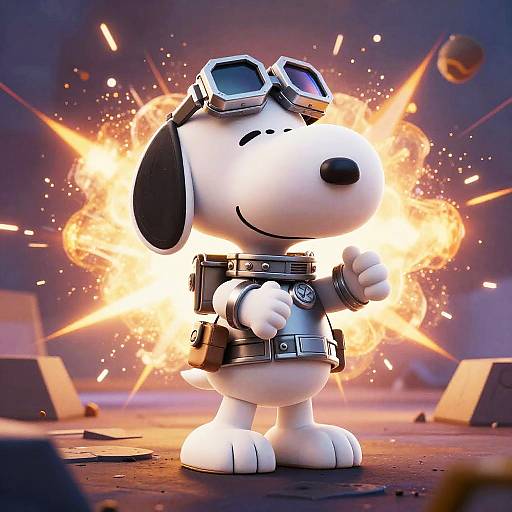 CGI image of a white cartoon dog with black ears, wearing aviator goggles and a black leather vest, standing confidently in front of a bright explosion