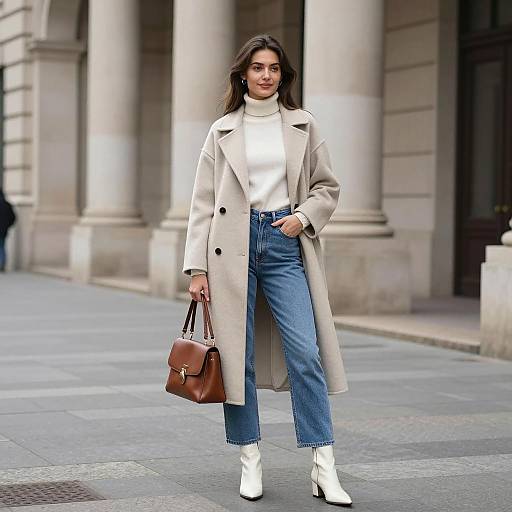 Stylish Woman in Beige Coat on City Street