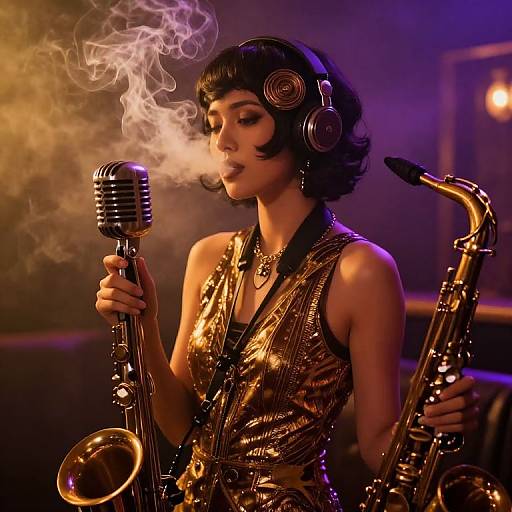 Photograph of a 1940s-style woman with black bob haircut, wearing gold sequin top and headphones, blowing smoke into vintage microphone while playing