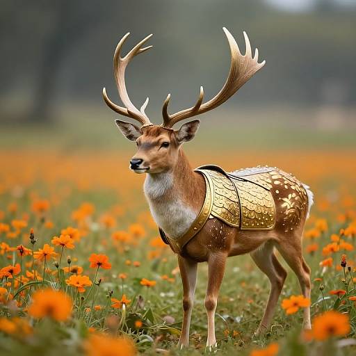 Photograph of a majestic deer with large antlers, adorned in gold armor, standing in a vibrant orange poppy field.