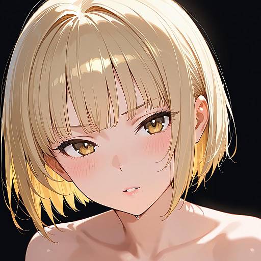 Digital anime-style portrait of a blonde-haired, fair-skinned young woman with amber eyes, blushing cheeks, and bare shoulders, set against a black