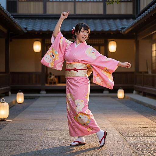 Photograph of a smiling Japanese woman in a pink floral kimono, white socks, and red geta shoes, dancing outdoors at night in a traditional