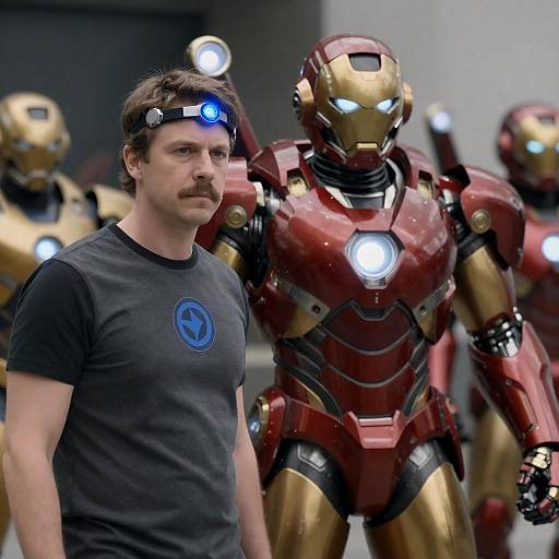Man with Headlamp Standing Next to Iron Man Armor