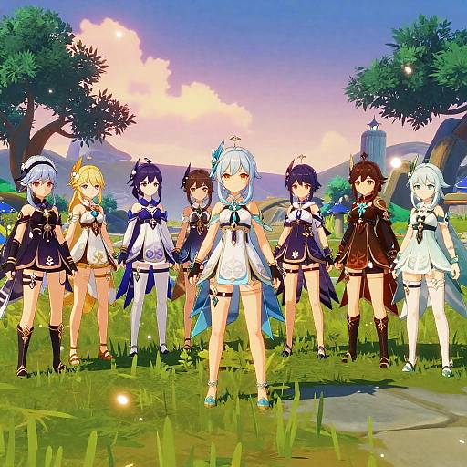 Digital anime-style illustration of seven female characters in colorful, fantasy outfits, standing in a vibrant, grassy meadow at sunset.