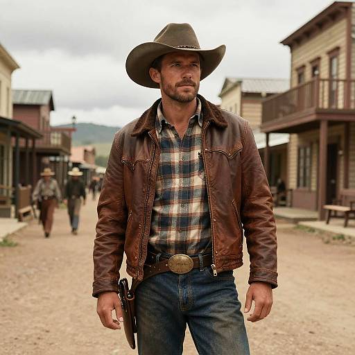 Photograph of a rugged, bearded man in a brown leather jacket and cowboy hat, standing in a dusty, Western-style street. Background includes wooden