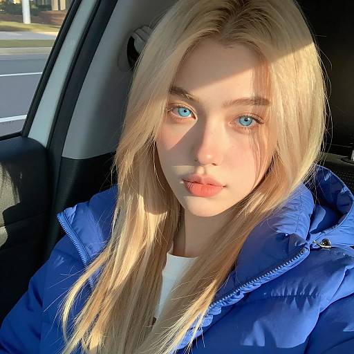 Young Blonde Woman in Blue Puffer Jacket in Car