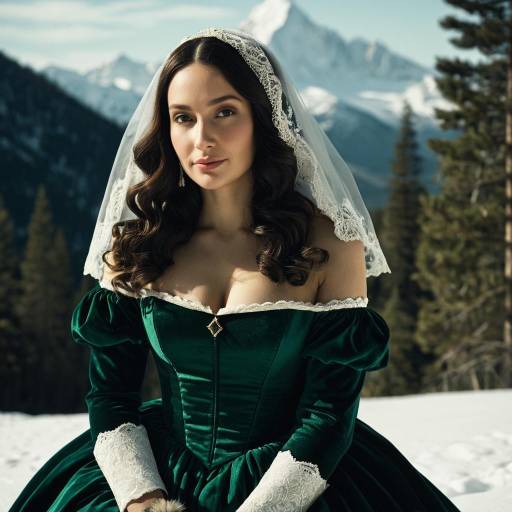 Woman in Vintage Dress with Snowy Mountain Background