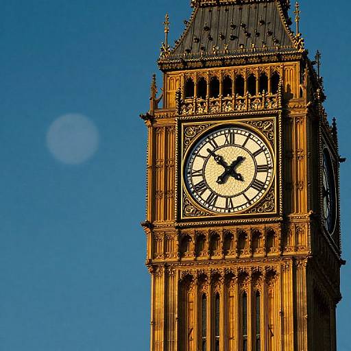 Photograph of the illuminated Big Ben clock tower against a clear blue sky, showcasing its ornate architecture and prominent clock face.