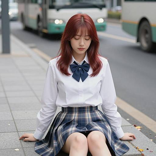 Asian Woman Sitting on Sidewalk with Red Hair