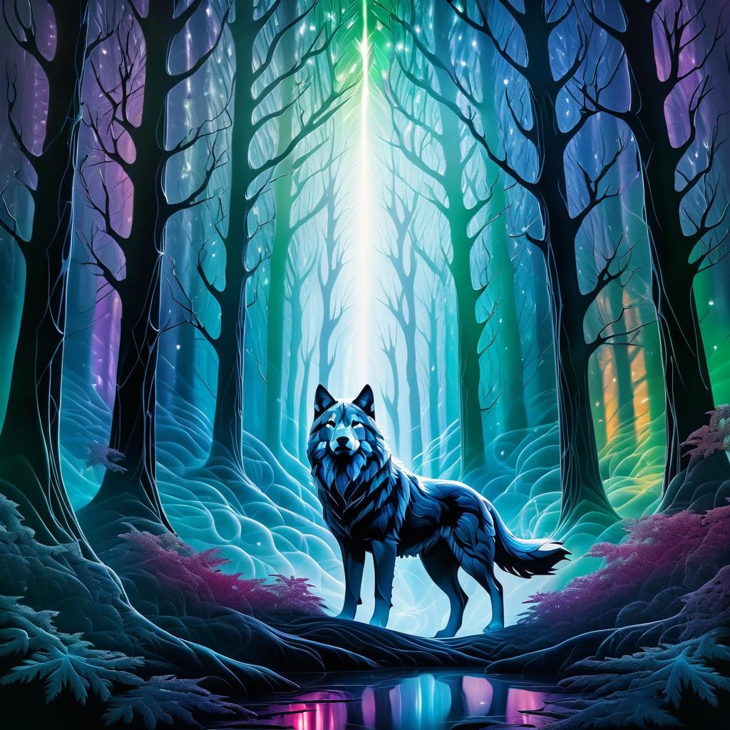 Symmetrical Silver Wolf in Mystical Forest