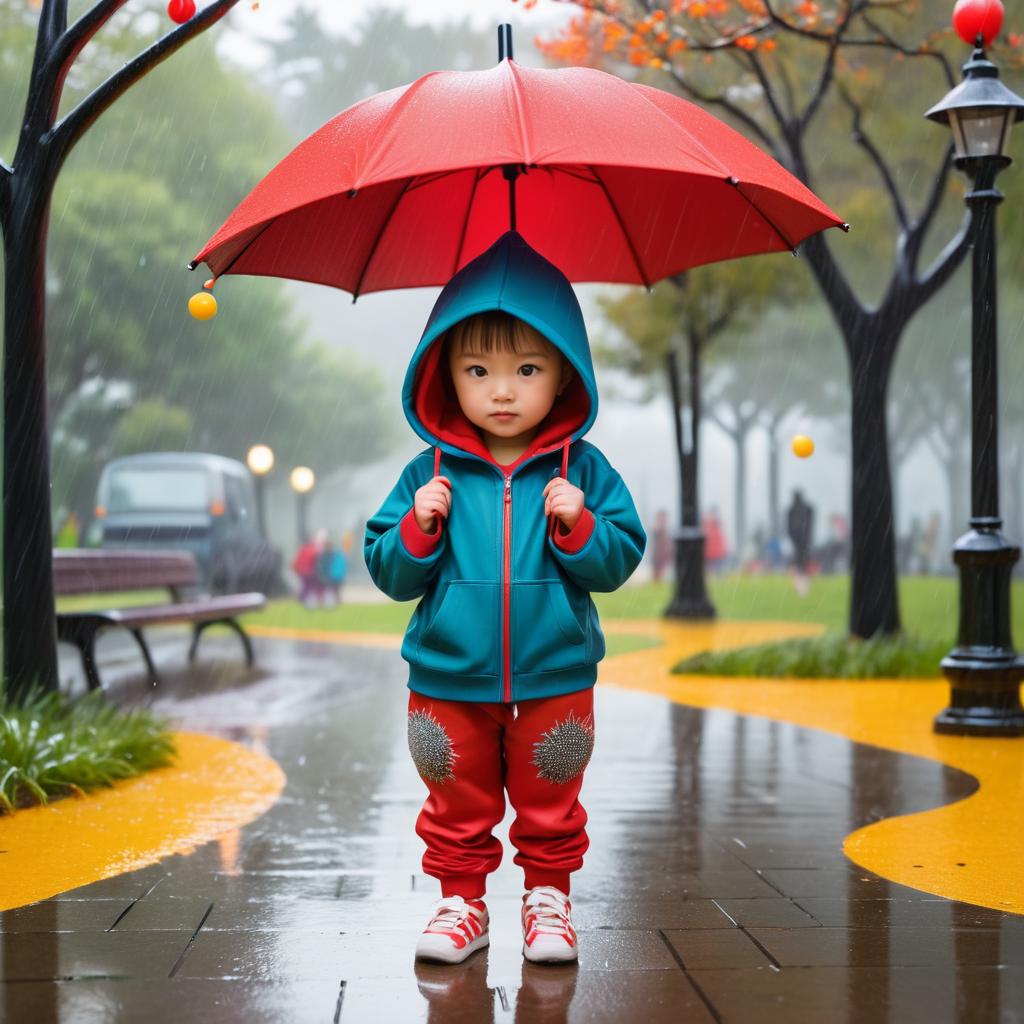 Playful Child in Rainy Park Scene