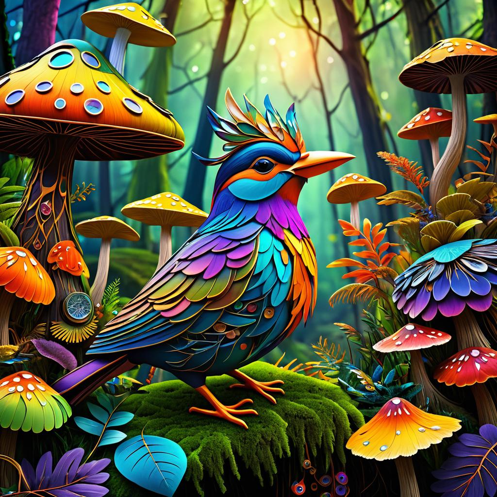 Whimsical Cuckoo Bird in a Fungal Wonderland