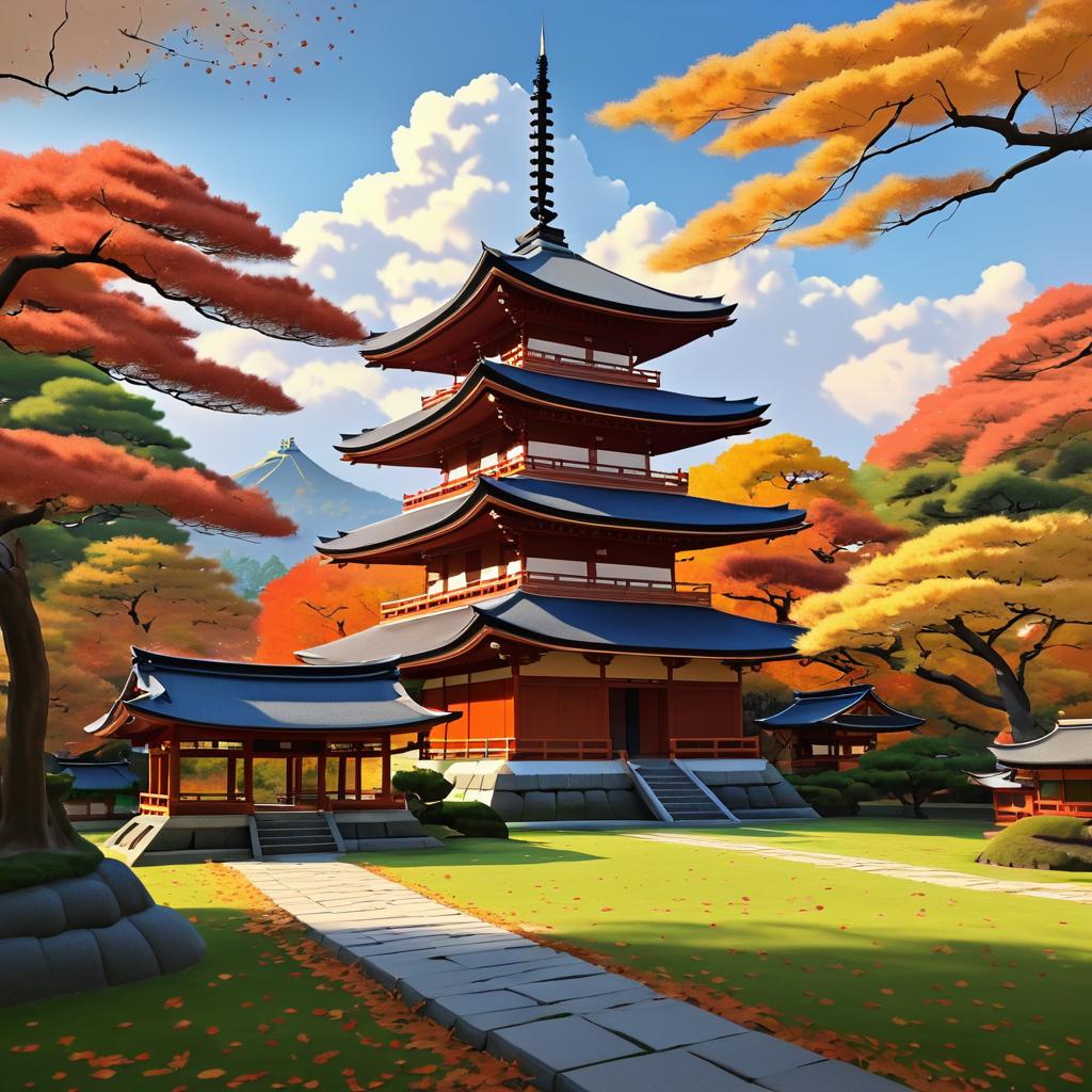 Serene Autumn Landscape with Japanese Temple