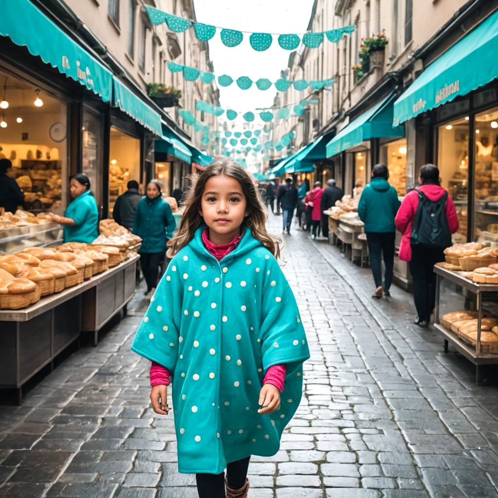 Young Girl in Turquoise Poncho at Bakery