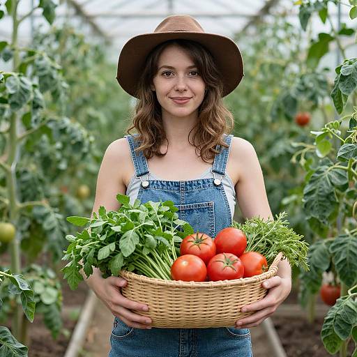 Photograph of a smiling woman with wavy brown hair, wearing a brown hat and blue denim overalls, holding a basket of ripe tomatoes and fresh