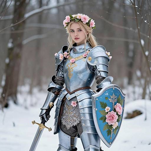 Photorealistic image of a blonde, blue-eyed woman in silver armor adorned with pink roses, holding a sword and floral shield, standing in a snowy
