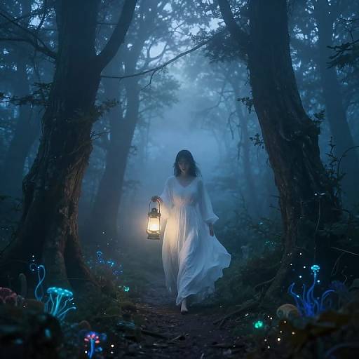 A mystical forest scene at dusk, featuring a woman in a flowing white dress holding a lantern, surrounded by glowing mushrooms and ethereal blue light. Phot