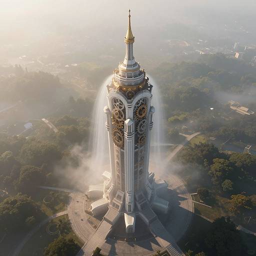 Aerial photograph of a tall, ornate clock tower with golden spire, water cascading down, surrounded by mist and forested area.
