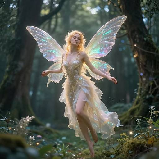 Photograph of a fairy with iridescent wings and a shimmering, translucent dress, dancing in a magical, sunlit forest.