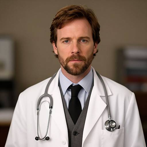 Photograph of a serious, bearded white male doctor with brown hair, wearing a white lab coat, black tie, and stethoscope. Bl