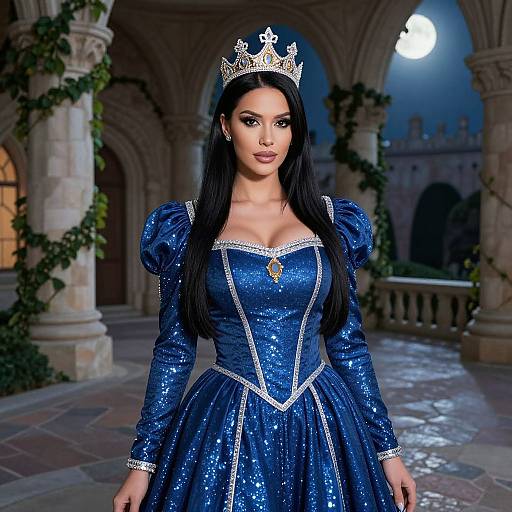 Photograph-style digital art of a beautiful woman with long black hair, wearing a sparkling blue princess dress, silver tiara, and diamond necklace, standing