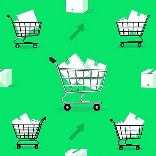 Digital illustration of five shopping carts filled with white papers on a bright green background, with arrows and paper shapes scattered throughout.