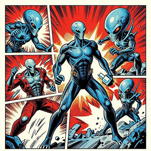Comic-style artwork of muscular blue alien warriors with large heads, red eyes, and blue skin, fighting against a red and white explosive background. Four action