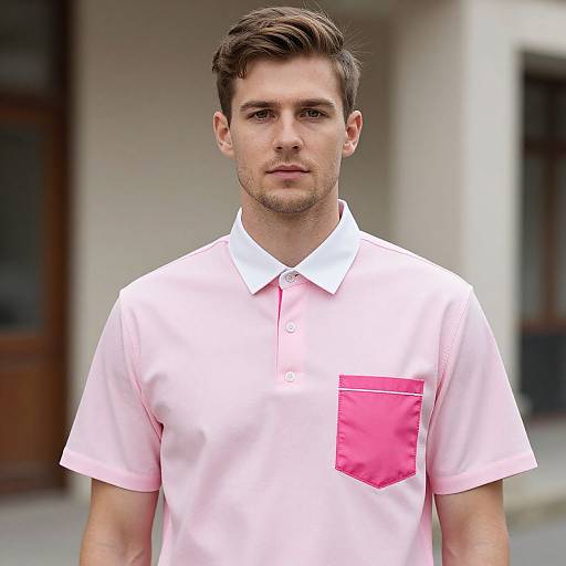 Man in Pink Shirt by Building