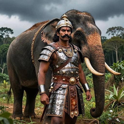 Photograph of a muscular Indian warrior with dark skin and black beard, wearing silver armor and gold headpiece, standing beside a large elephant with white tus