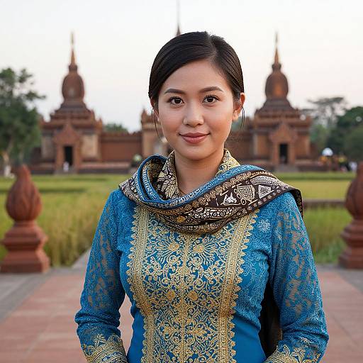 Photograph of an Asian woman with dark hair in an elegant blue and gold traditional dress, standing in front of a historic red-brick temple with orn