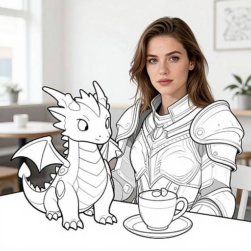 Digital drawing of a brown-haired woman in armor beside a cute, cartoon dragon, both seated at a table with a teacup.