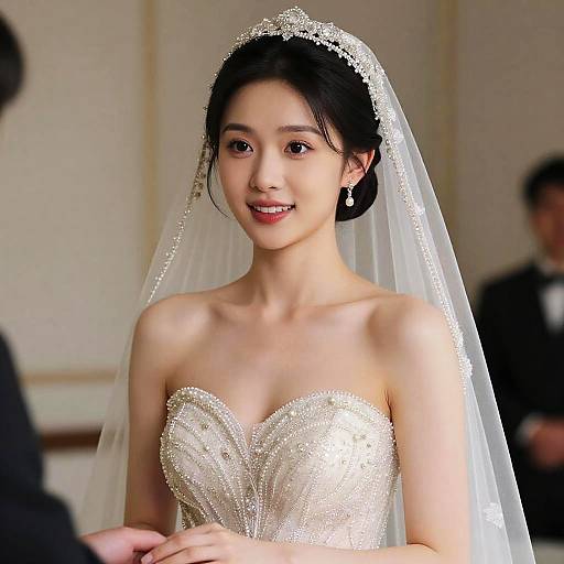 Photograph of an Asian bride with fair skin, black hair in an updo, wearing a lace veil, strapless beaded gown, smiling,