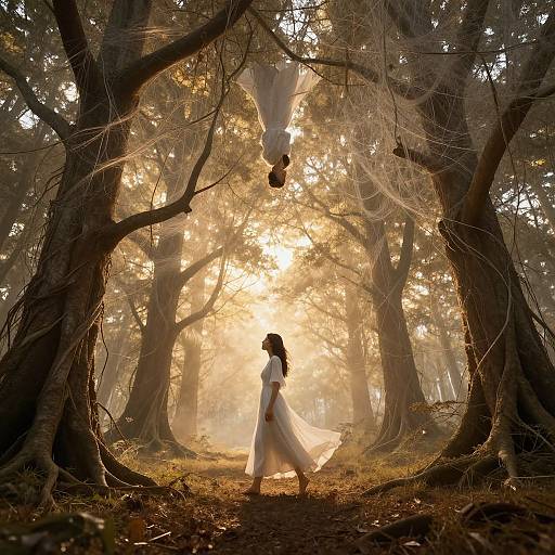Photograph of a woman in a flowing white dress walking through a sunlit, misty forest with large, twisted trees and a hanging white fabric above