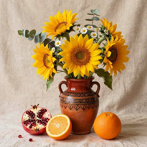 Elegant Terracotta Vase with Sunflowers