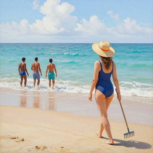 Photograph of a woman in a blue swimsuit and straw hat holding a rake, walking on a sunny beach, watching four men in swim trunks