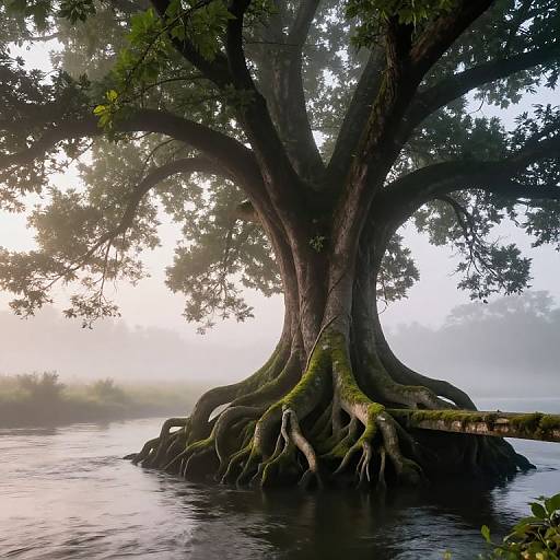 Photograph of a massive, ancient tree with sprawling roots emerging from a misty, reflective lake, sunlight filtering through dense foliage.