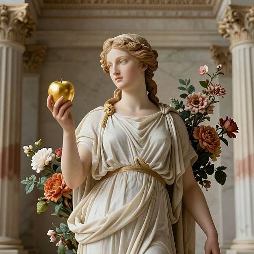 Classical marble statue of a fair-skinned woman with braided blonde hair, holding a golden apple, surrounded by vibrant flowers, in a grand,