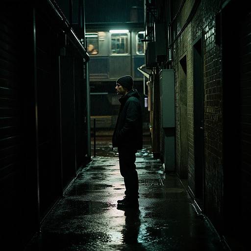 Photograph: Dark alley at night, wet pavement reflecting light, solitary man in black hoodie and pants, profile view, shadows cast, urban scene,