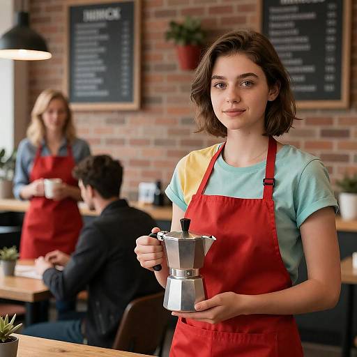 Young Barista in Red Apron Café