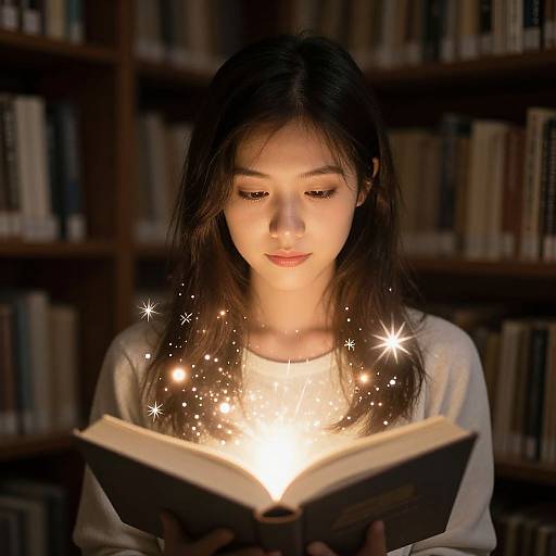 Photograph of a young Asian woman with long dark hair, wearing a white sweater, reading a glowing book surrounded by magical sparkles, in a dim