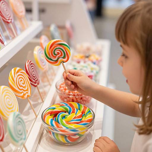 Photograph of a young girl with brown hair, wearing a white shirt, selecting a colorful, swirled lollipop from a brightly lit candy display