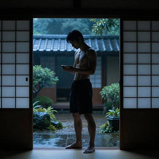 Silhouetted Muscular Man in Japanese Doorway at Night