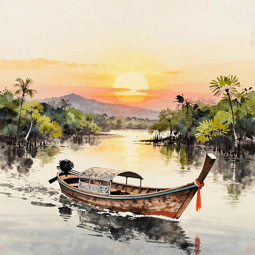 Nihonga Ink Wash Thai Boat Sunset