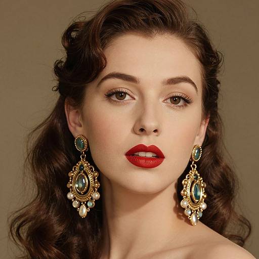 Photograph of a fair-skinned woman with dark wavy hair, red lipstick, and vintage-style gold earrings with green gemstones, against a neutral
