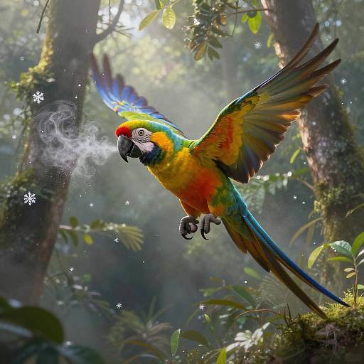 Colorful Tropical Parrot Flying in Misty Rainforest