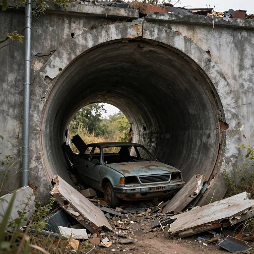 Abandoned Car in Collapsed Tunnel Entrance