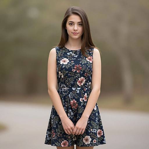 Photograph of a young woman with long dark brown hair, wearing a sleeveless black floral dress, standing outdoors with a blurred forest background.