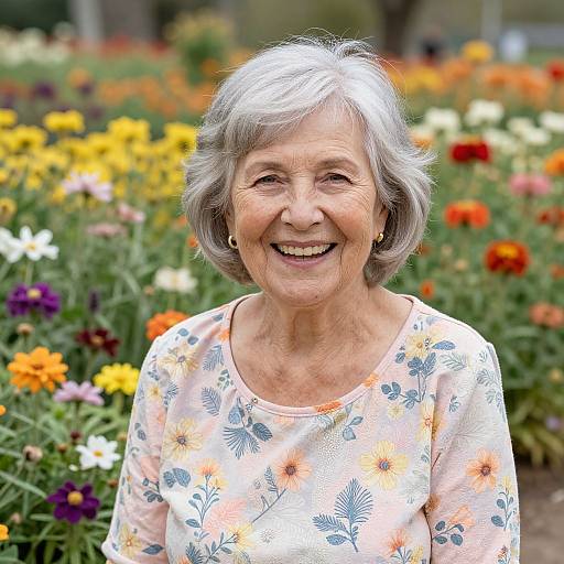 Photograph of a smiling elderly woman with short gray hair, wearing a floral print shirt, standing in a vibrant flower garden.